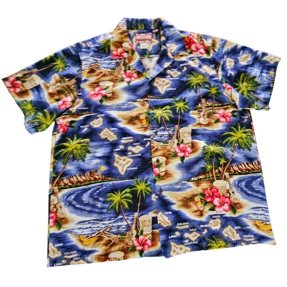 RJC Mens Hawaiian Camp Shirt 2XL Blue Island Map Tropical Cotton Button Vacation